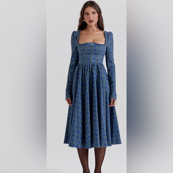 House of CB Dresses & Skirts - House of CB Delia tartan plaid check dress long sleeve blue green L+ xl midi